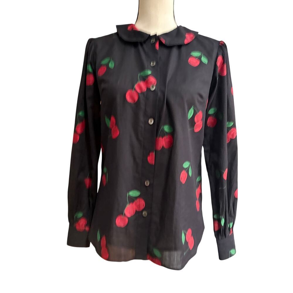 Danielle Fichera Cherry Print Button Down Shirt Black Red Long Sleeve XS Cotton - Picture 2 of 8